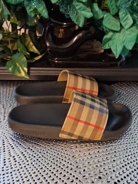 Burberry Black Slides with Beige Check Strap
